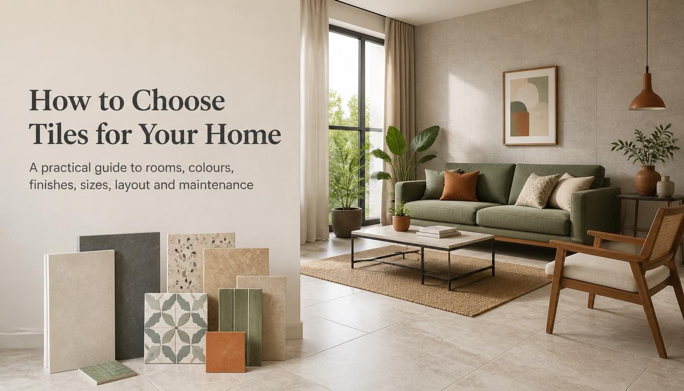 Modern living room with floor tiles and tile samples in different finishes