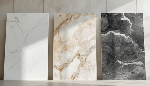 Different marble slabs displaying natural colour and veining variations