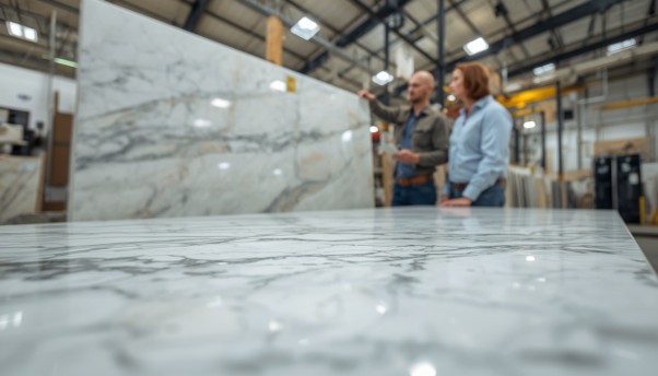 Marble slab being checked for natural veining and visible surface defects